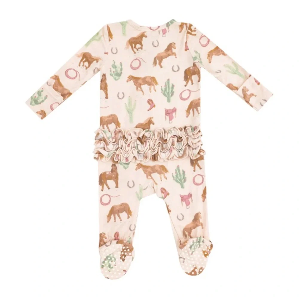 Angel Dear Ruffle Back Footie Western Horses Pink 0-3 3-6 6-9 9-12 month